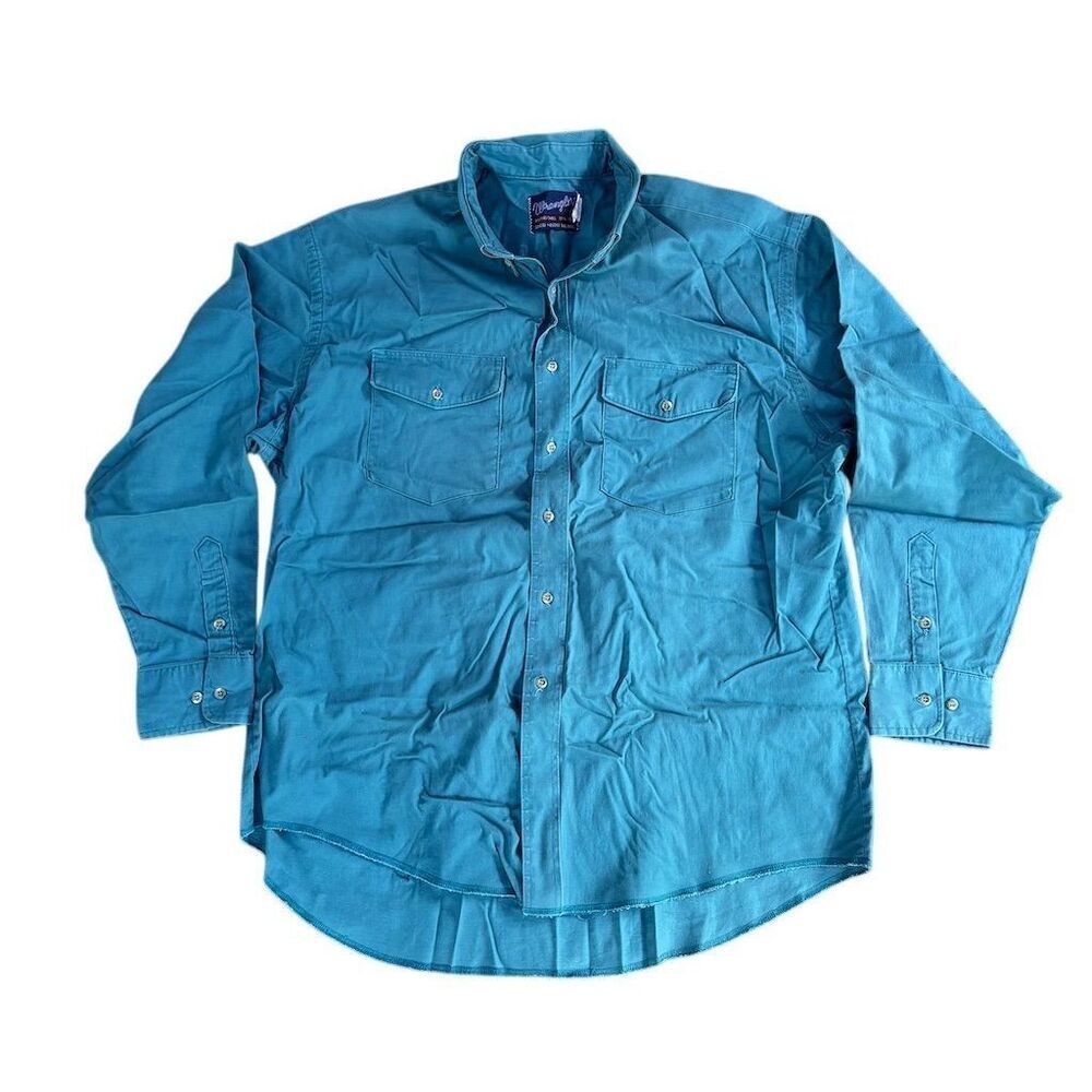 Vintage Wrangler Men's Teal Western Shirt XL 17.5-35‎ LS Button-Up heavy duty